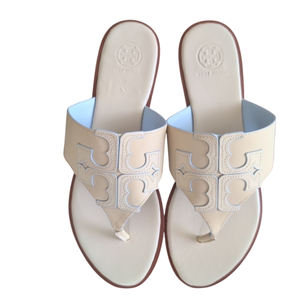Tory Burch Jamie Dulce De Leche Full T Logo Thong Full Leather Sandals